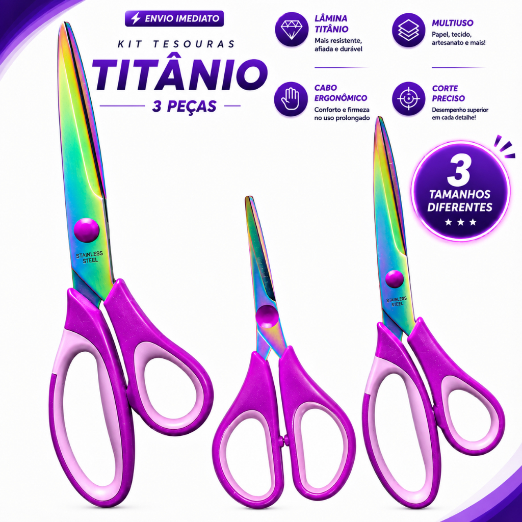 Kit Tesoura de Titânio Profissional 3 Unidades A MELHOR DO MERCADO