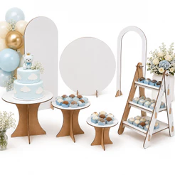 Kit Festa Completo 7 Peças Boleira Redonda + Escadinhas Expositora e Painéis Decorativos Mdf Branco
