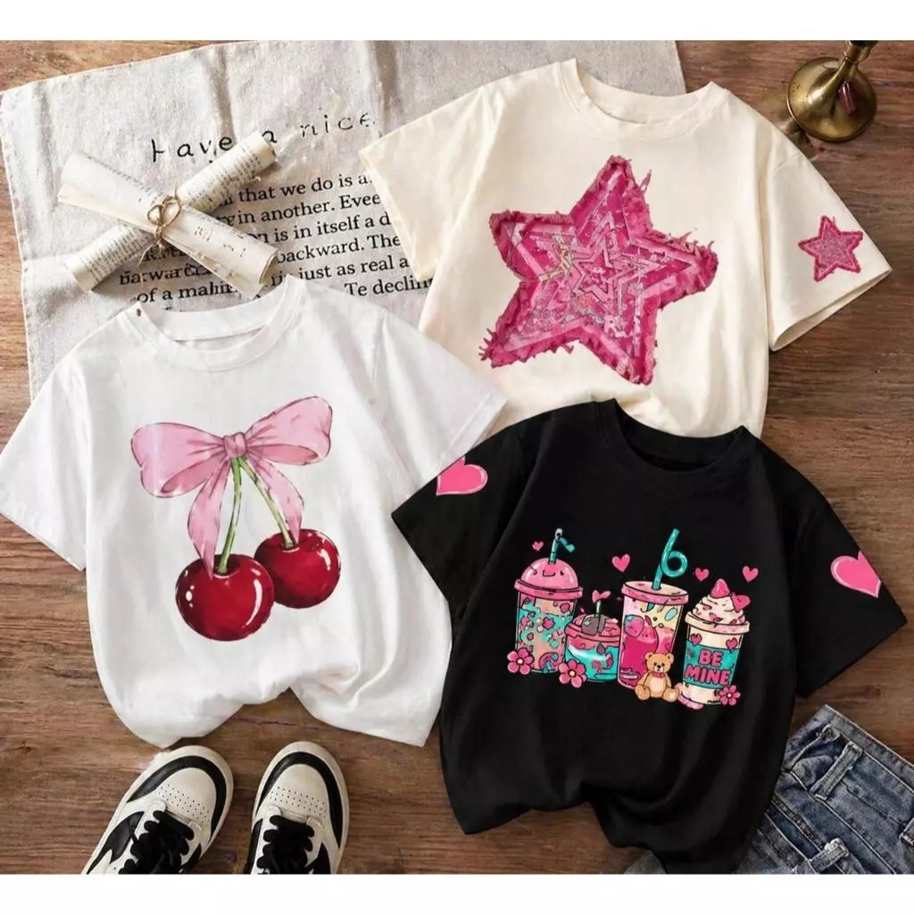 Kit 3 Camisetas Infantil Feminina 100% Algodão T-Shirt Menina Estampada Moda Blogueira Manga Curta