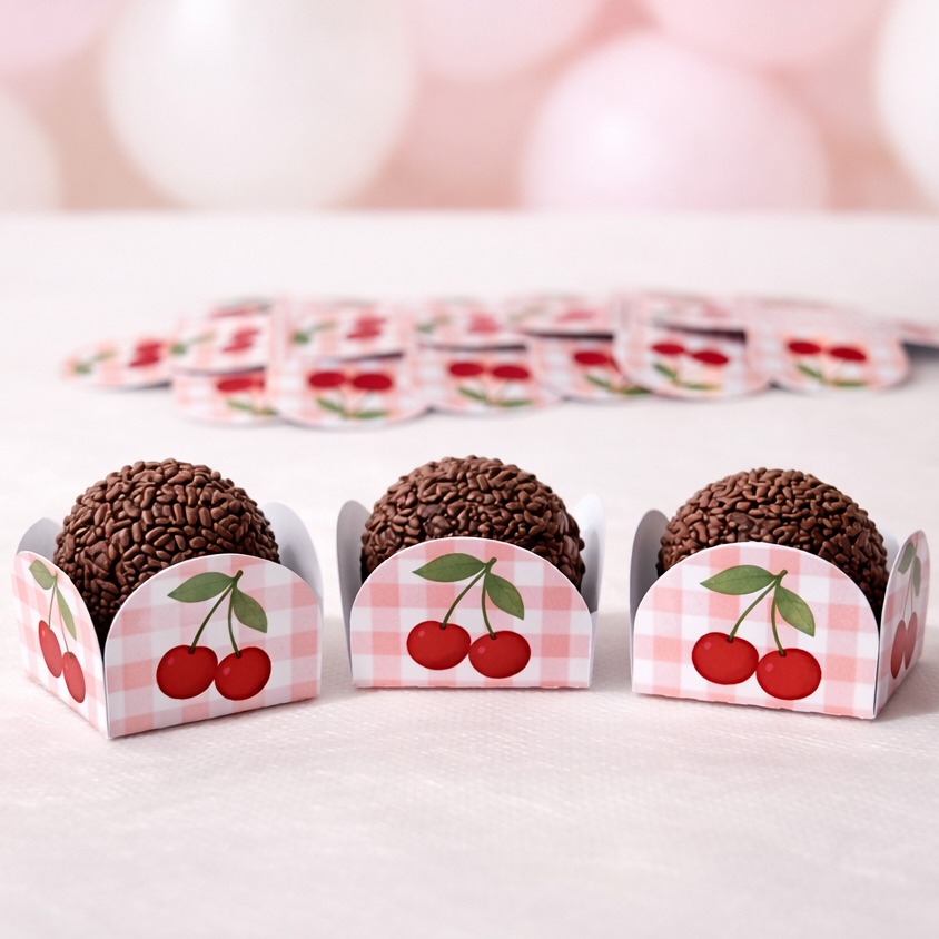 Forminha para Doces 4 Pétalas Cerejinha Personalizada | Cereja | Lembrancinha de Festa  | Aniversário Infantil