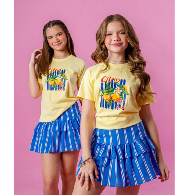 Conjunto Infantil Feminino Cropped Algodão e Saia Short Citrus Azul Menina