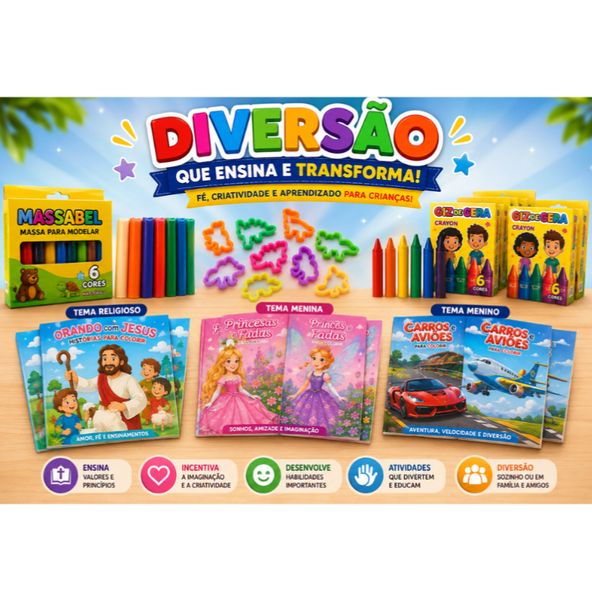 Magiquisto Kit Infantil Revistinha Colorir + Massinha+ Giz + Cortador Forminha Lembrancinha Criança