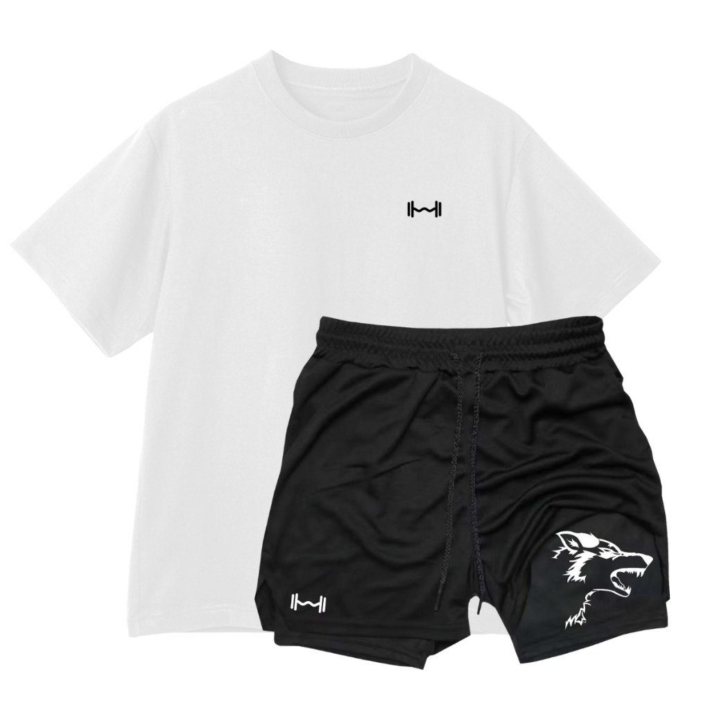 Conjunto Masculino Camiseta Oversized + Bermuda Dry Fit 2 em 1 Compressão Bolso Interno Celular Short Academia Treino