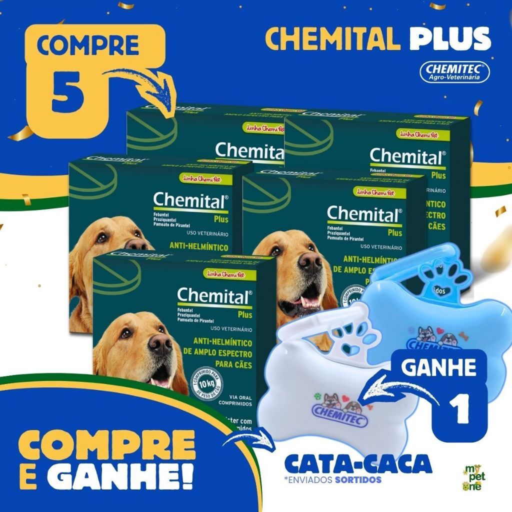 Kit 5 Chemital Plus Chemitec Vermífugo para Cães - 4 Comprimidos