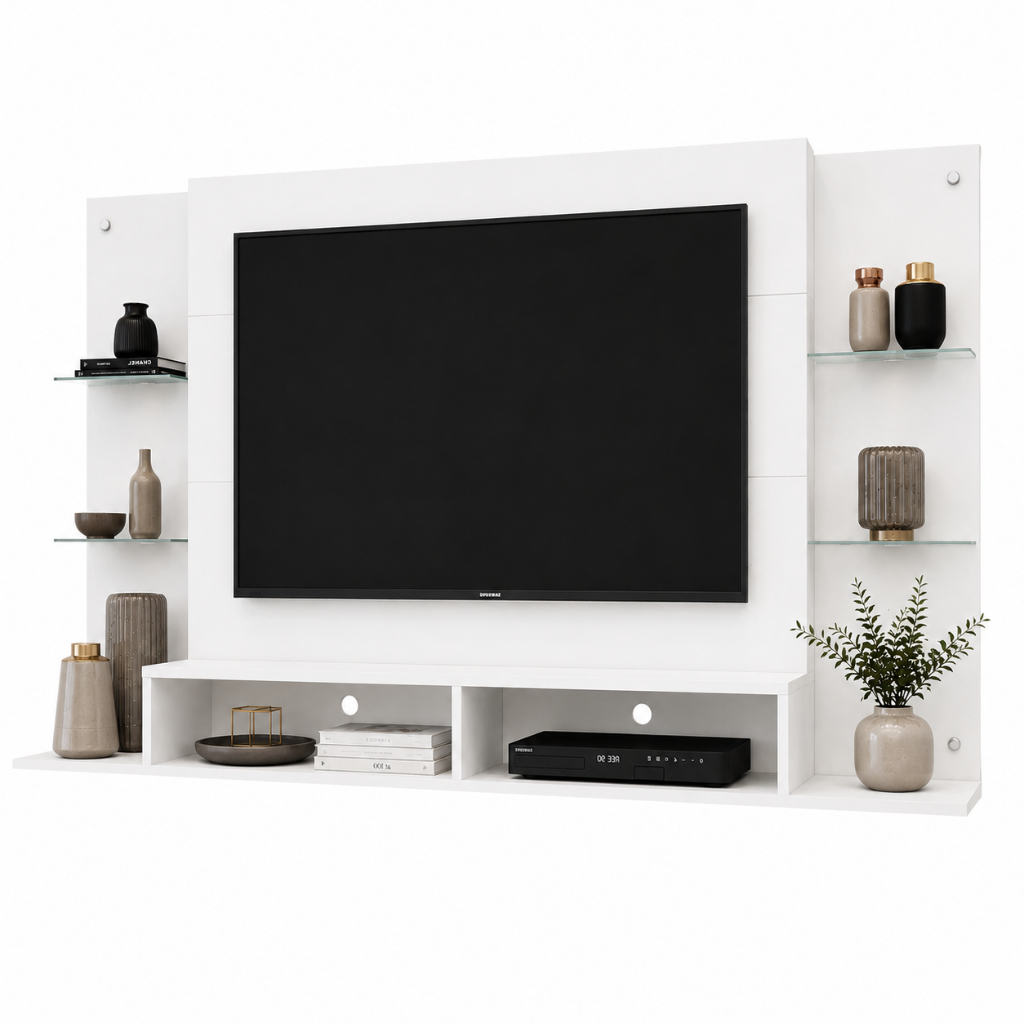 Painel TV 60" com prateleiras de vidro Brasil Multimóveis BR2739 Branco