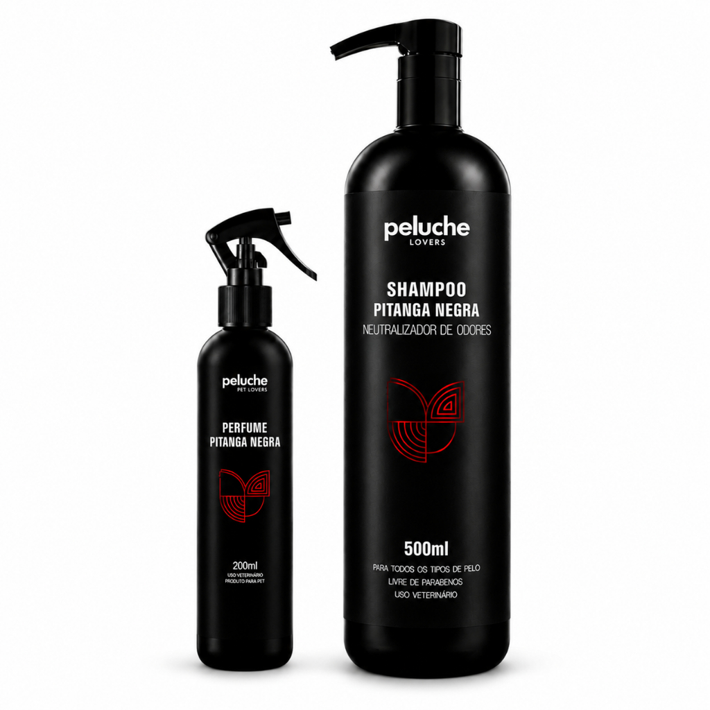 Shampoo Eliminador de Odores Perfume Pitanga Negra Peluche para Cachorro Kit Banho Pet Cães Cheiroso