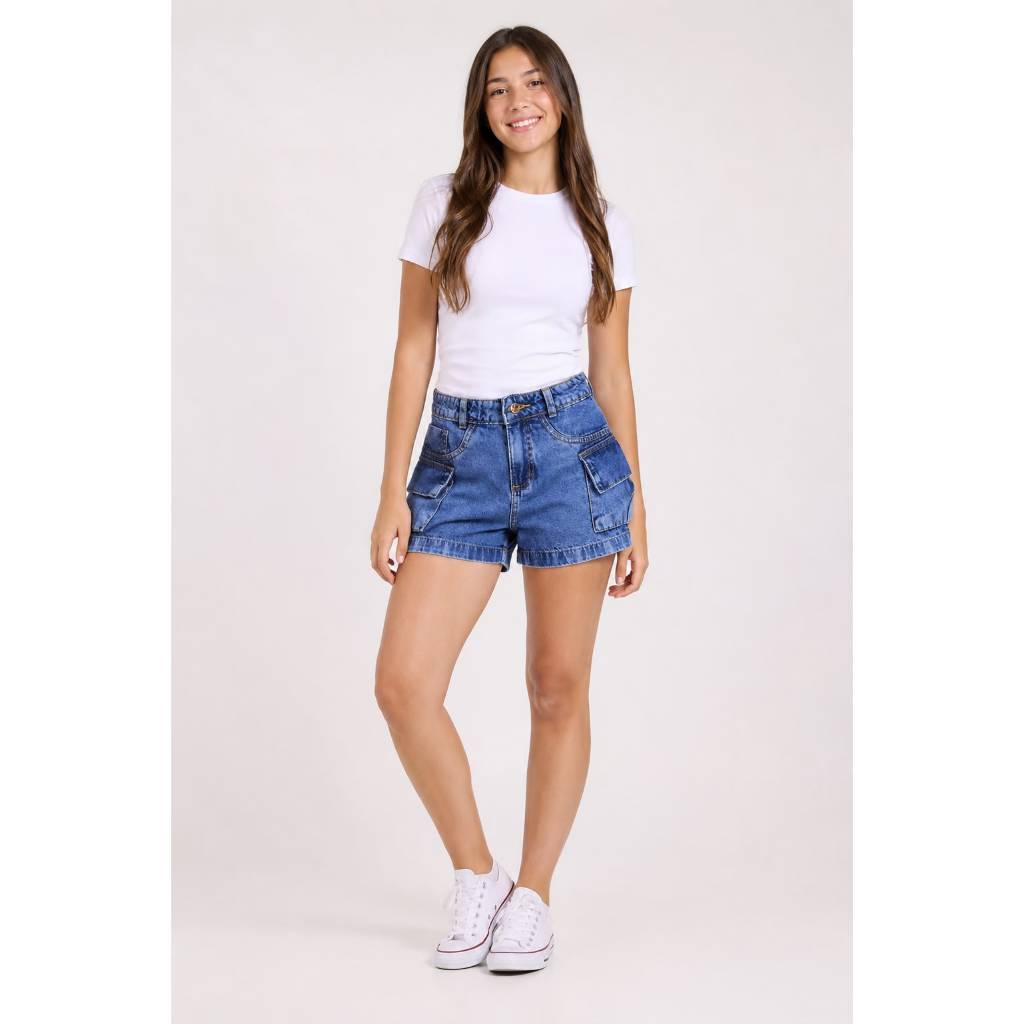 Short Jeans Cargo Feminino Infantil Juvenil Grafite e Marmorizado com Regulador Moda Premium