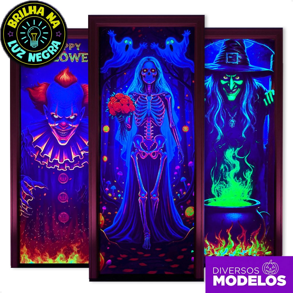 Capa de Porta Halloween Decoração 3d Brilha C/ Luz Negra 0,80x2,1m Tecido Sublim