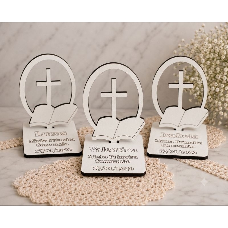 Kit Lembrancinhas Personalizadas Primeira Comunhão, Primeira Eucaristia, Encontros Bíblicos, Religiosas,  em Mdf Branco