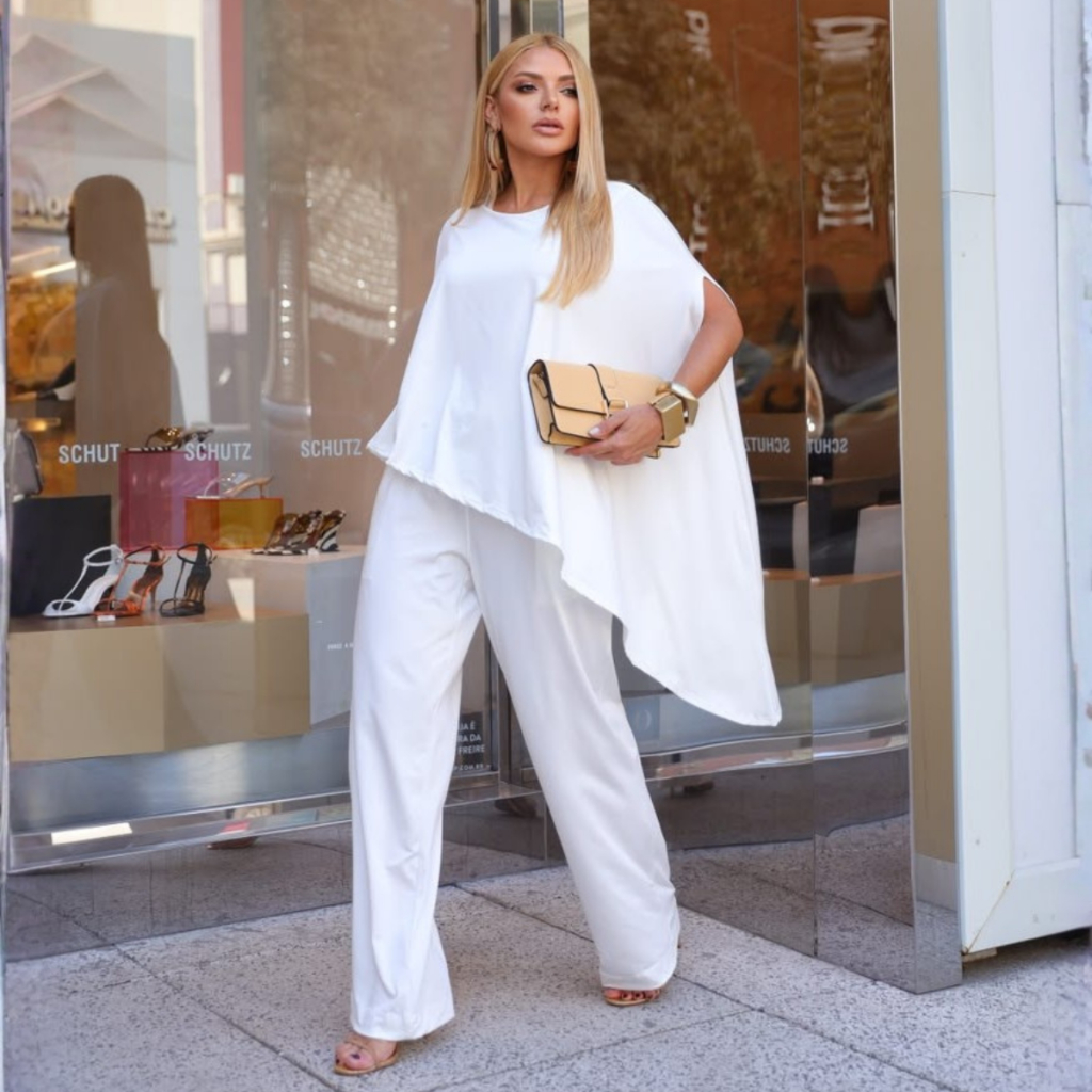 Conjunto Blusa Assimétrica e Calça Pantalona Feminino Moderno Confortável Elegante Sofisticado