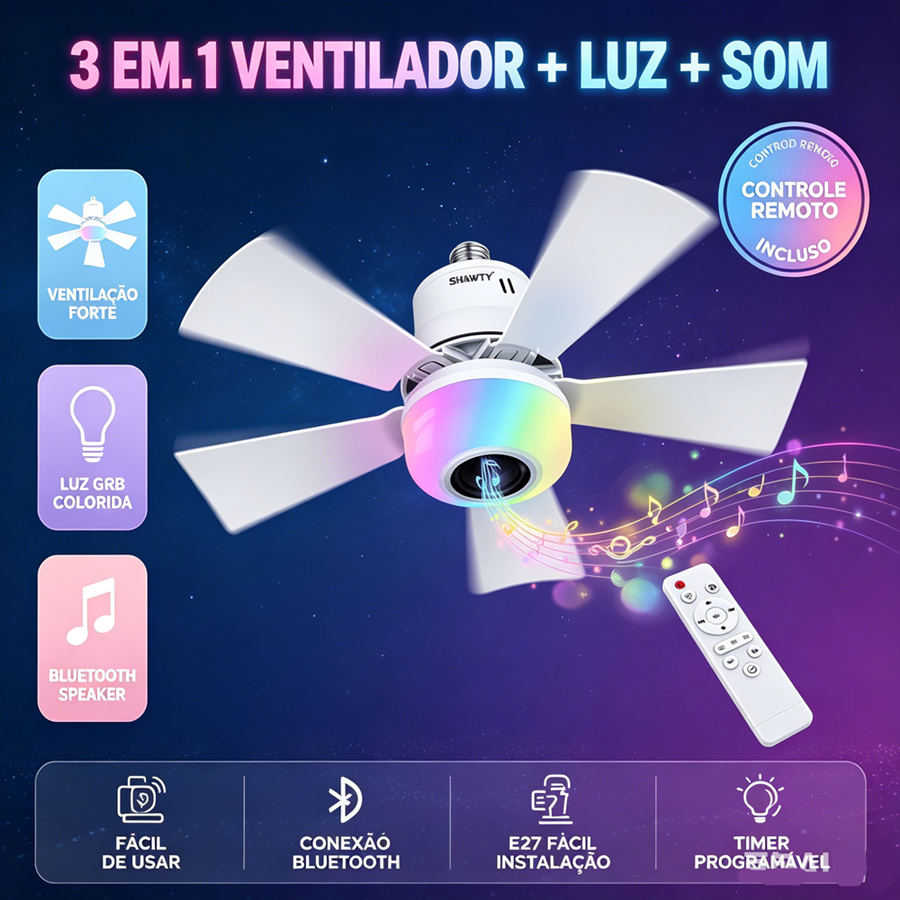 SHAWTY Ventilador de Teto Reprodução de música com Luz LED RGB 22 Cores Bluetooth Controle Remoto 3 Velocidades