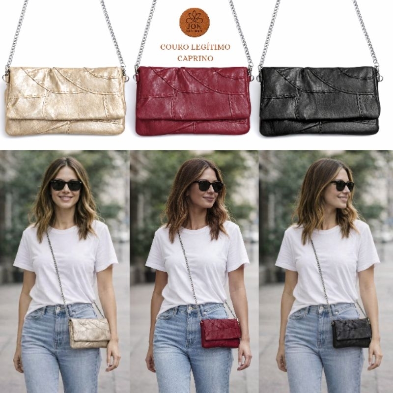 kit 3 bolsas clutch de couro legítimo caprino e alça de corrente