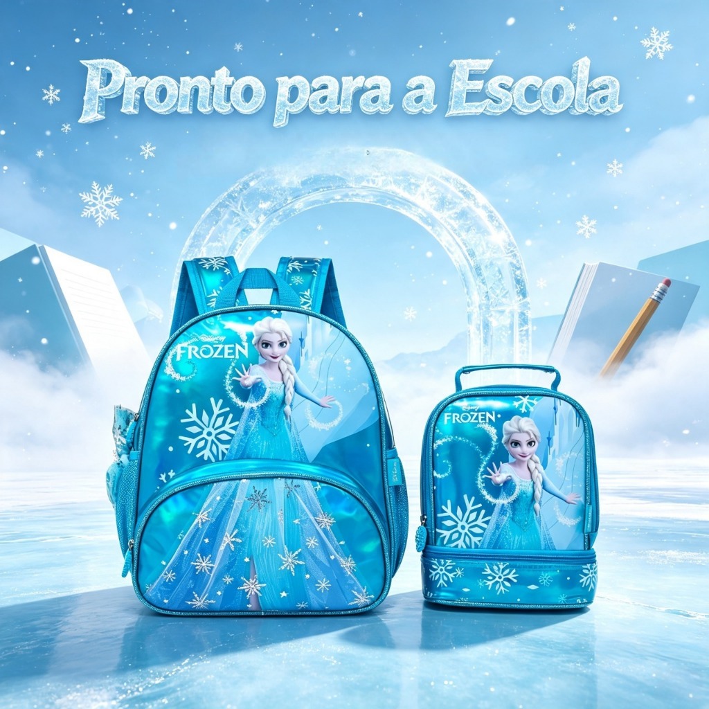 Kit Escolar Elsa Frozen Mochila Espaçosa Lancheira Disney Infantil Pré-Escolar