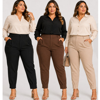 Calça Plus size Alfaiataria Cenoura Feminina Cintura Alta Elegante Barra Plissada