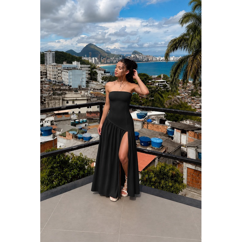 vestido longo feminino malha tomara que caia franzido assimétrico com bojo casual chic festas saídas — imagem 2 de 2
