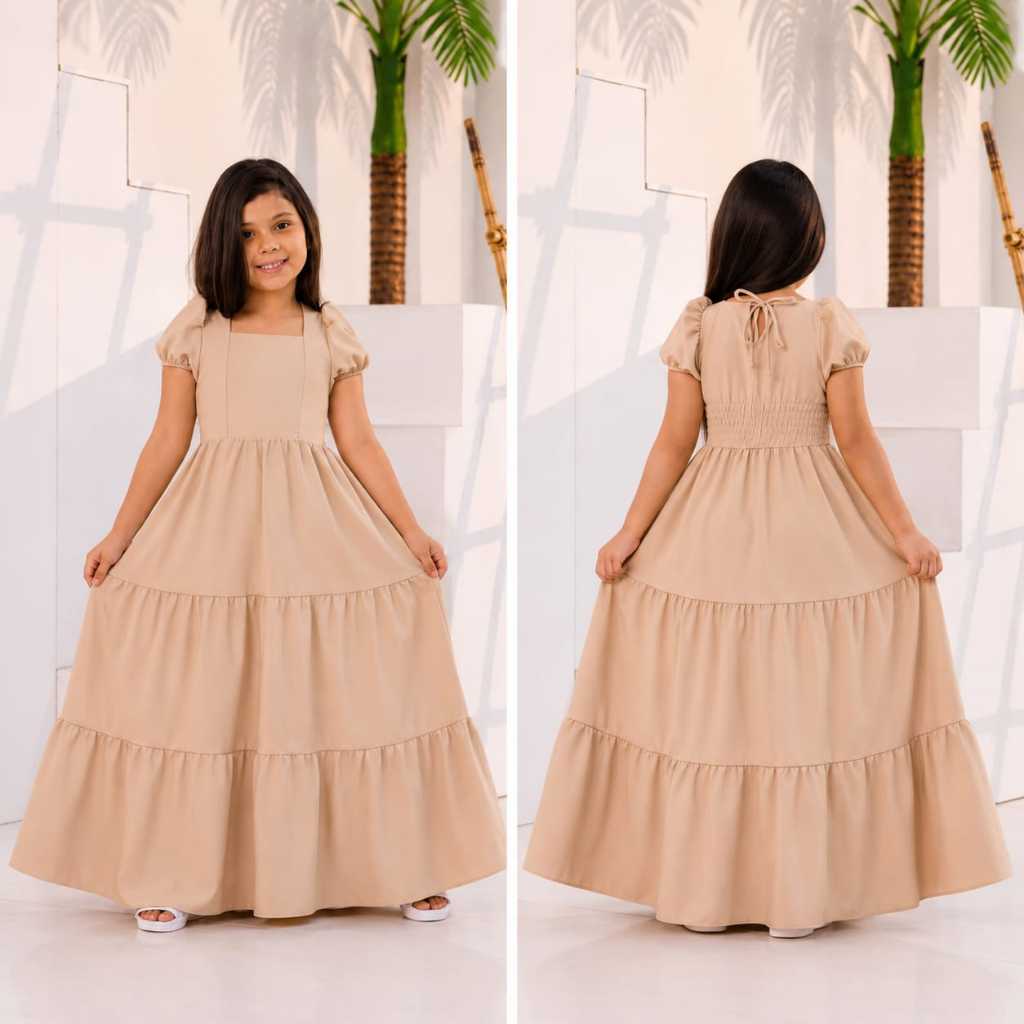 Vestido longo manga no ombro menina para crianças e adolescentes em alfaiataria
