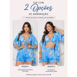 Conjunto Kimono com 3 peças, shorts, top, blusa kimono