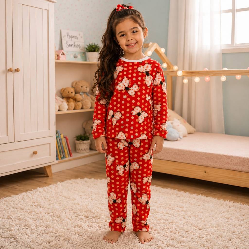 Pijama Infantil Fleece Feminino Peluciado Inverno Quentinho Macio Menina Laço Confortável