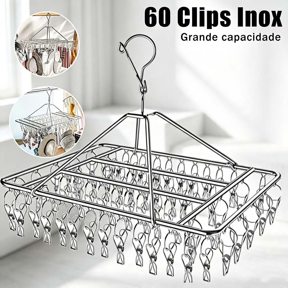 Varal 60 Clips Inox Prendedores Roupa Bebe Calcinha Cueca Dobrável Inox - Envio imediato！