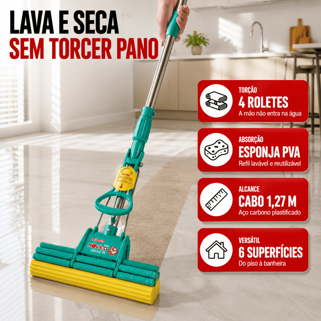 Mop Sekito Noviça Bettanin com Cabo + Refil Espuma Alta Absorção Lava Seca Piso Pelos Pet Esfregão