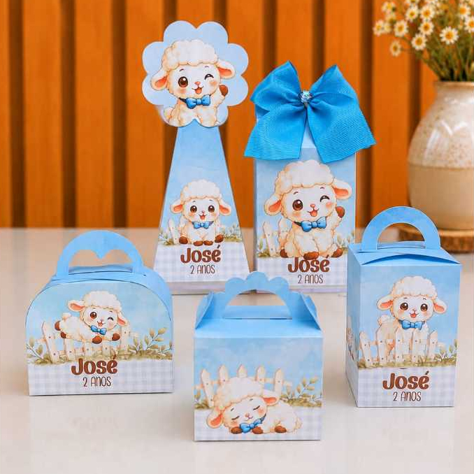 Kit Caixinhas Tema Ovelhinha Azul Menino –Lembrancinha Personalizada para Festa Infantil Ovelha