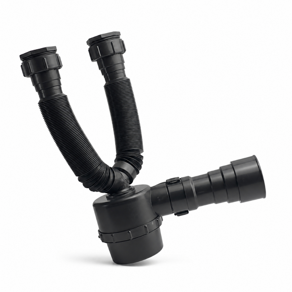 Sifão Copo Duplo Tubo Universal Extensível Multiuso Sanfonado Corrugado Para Tanque Pia Cozinha Cuba Dupla Preto(Cod419)