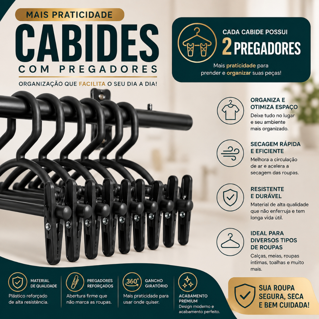 Kit 10 Cabides Com Presilha Preto Plástico Reforçado Saia Calça Varal Organizador