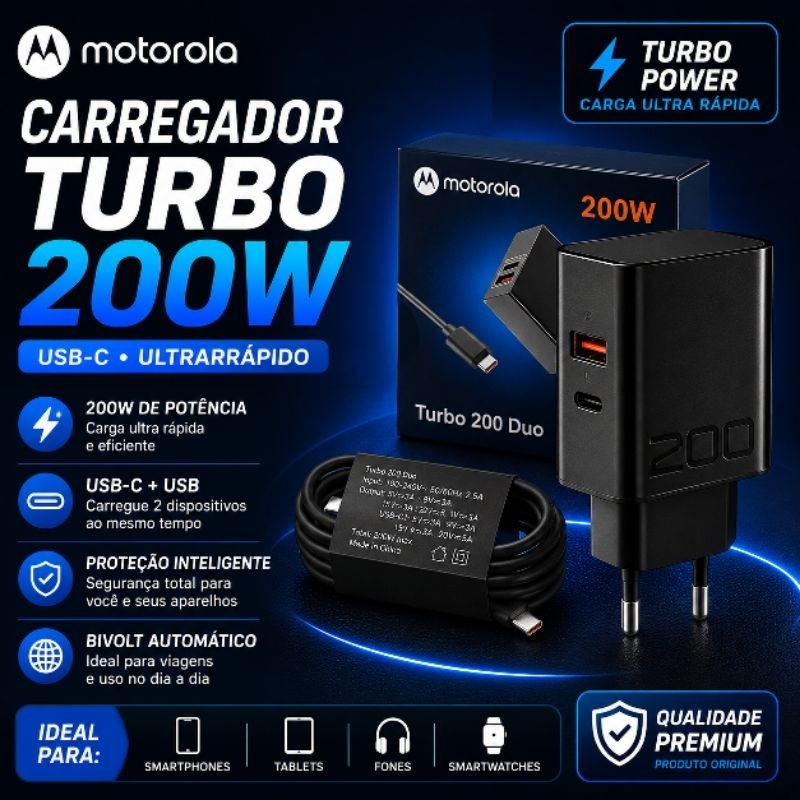 Carregador Motorola Turbo 200W USB-C - Velocidade Imbatível e Universalidade Gar