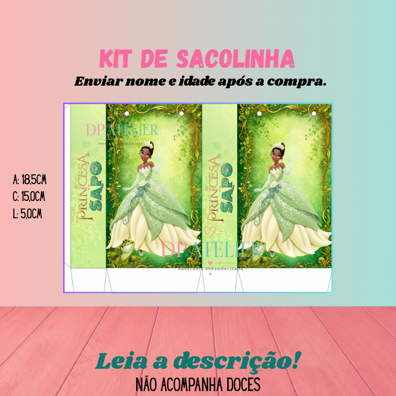 Sacolinha Personalizada Festa Infantil | Sacola Surpresa Lembrancinha | Nome e Idade -Tema: A Princesa e o Sapo