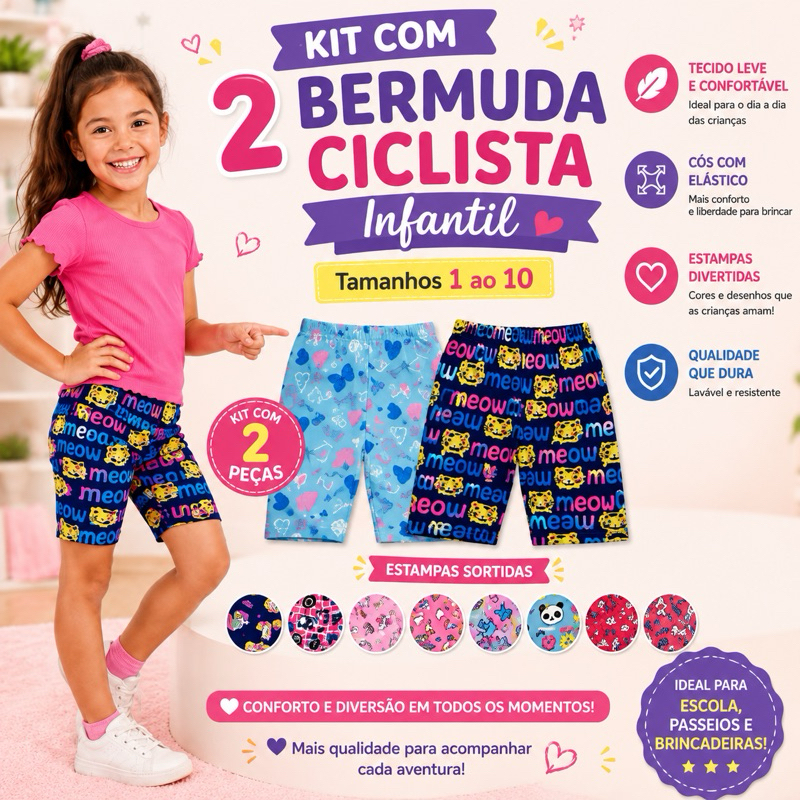 Kit 2 Shorts Bermuda Ciclista Infantil Sortido Estampado Cotton Menina 1 ao 10 Estampado Básico