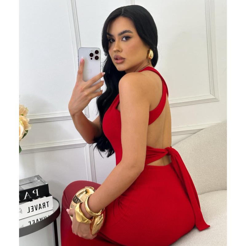 Vestido Feminino Tubinho Canelado com Bojo Costas Abertas Amarração Ajustável Festa Balada Elegante