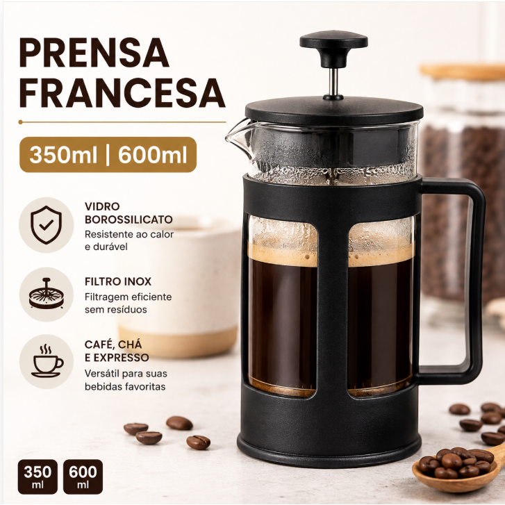 Imagem Cafeteira Prensa Francesa 600ml / 350 ml Vidro Borossilicato Inox – Café, Chá e Expresso