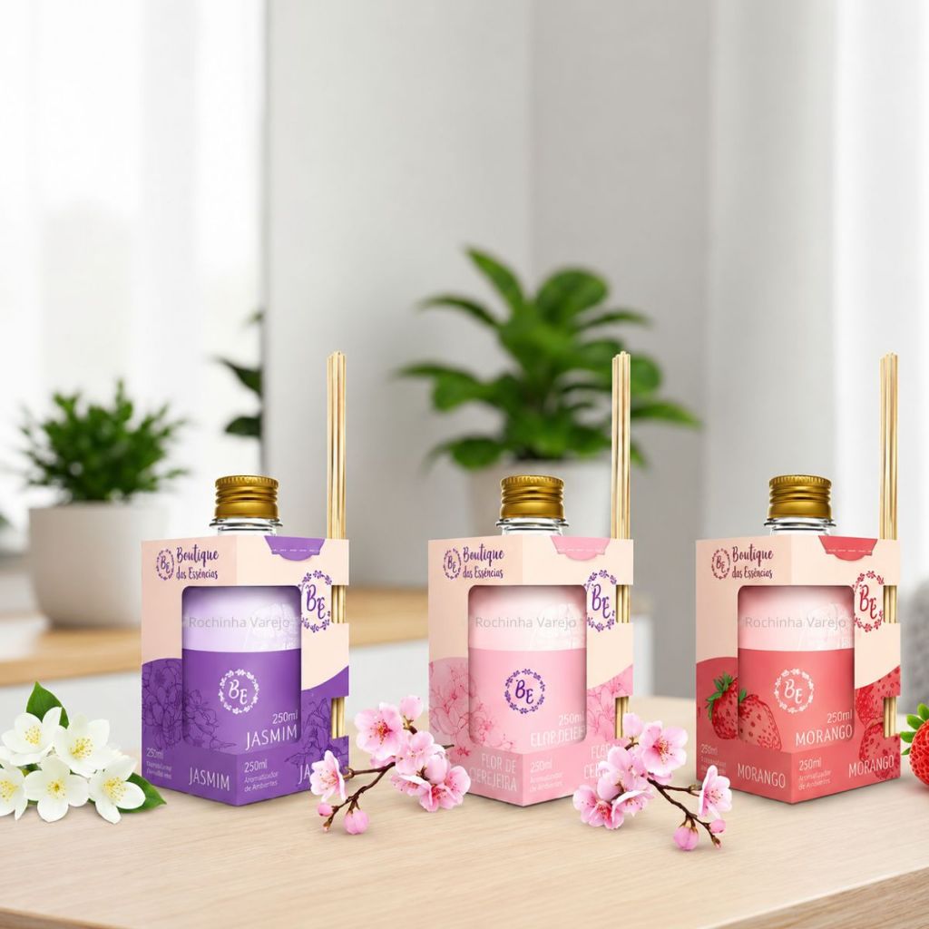 3 Aromatizador 1 Jasmim 1 Morango 1 Flor de Cerejeira 250ml cada Difusor Cheirinho em Casa Limpeza