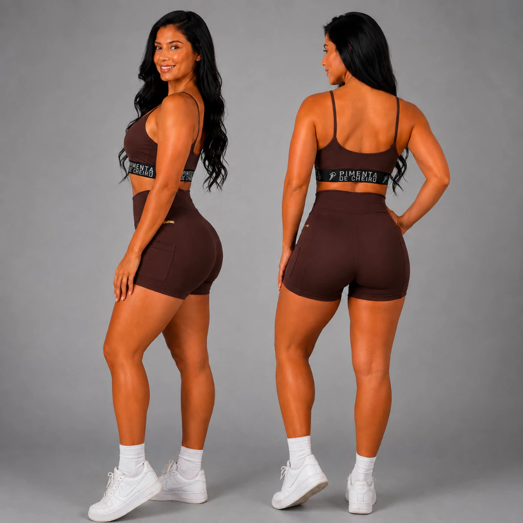 Conjunto Fitness Feminino Short Legging com Bolso Top Liso