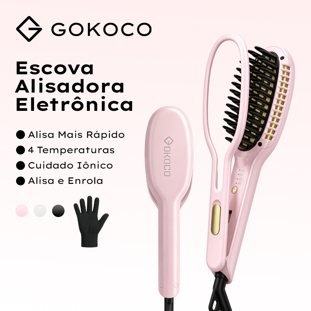 GOKOCO Escova Alisadora placas Alisa mais rápido 4 configurações de calor Cuidad