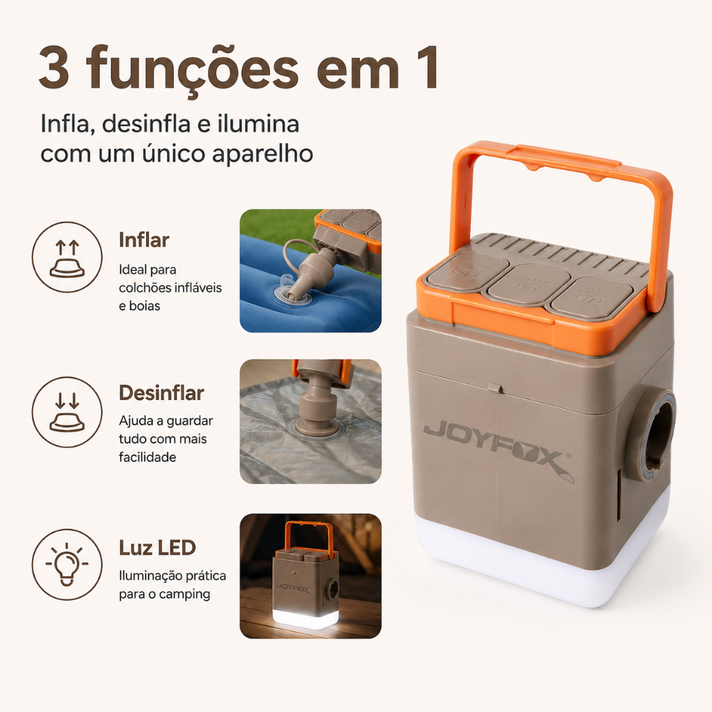 Bomba De Ar Elétrica JOYFOX 3 Em 1 Inflador Portátil Com Luz LED Para Colchão Ca
