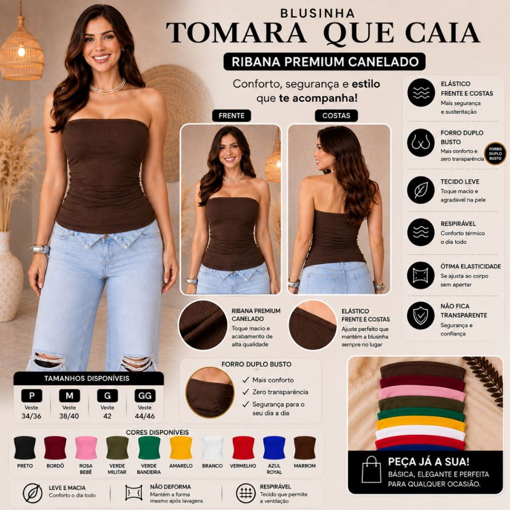 Blusinha Casual Tube Top Ribana Feminino Forrada Tubinho Básico Canelado Blogueira Premium