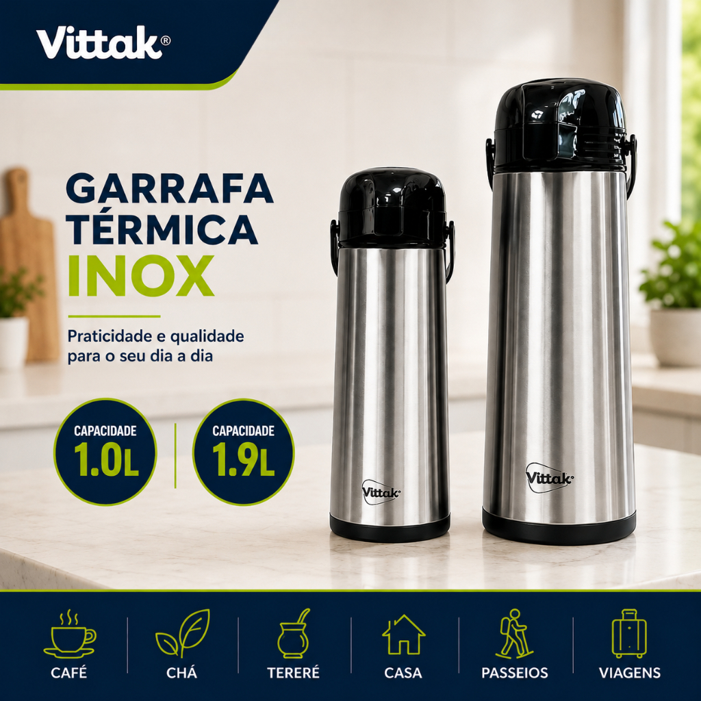 Imagem Vittak Garrafa Térmica Inox Café 1L e 1,9L De Pressão Apertar Hotel Pousada Bebidas Quentes Frias Chá Leite Suco