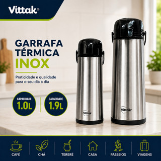 Vittak Garrafa Térmica Café 1L e 1,9L Inox De Pressão Apertar Hotel Pousada Bebidas Quent…