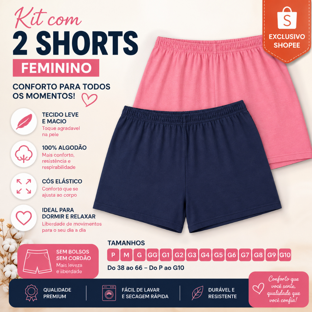 Kit 2 Shorts Feminino 100% Algodão Plus Size P ao G10 Confortável para Dormir e Dia a Dia