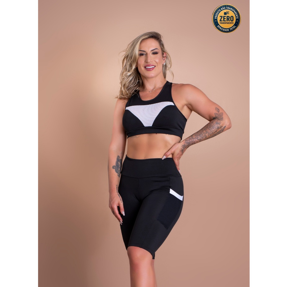 Conjunto Bermuda Feminina Fitness Cintura Alta Com Bolso Lateral E Top Com Tela Academia ZERO TRANSPARÊNCIA