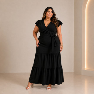 Vestido Longo Feminino Transpassado Decote V com Faixa Manga Babado Festa Casamento Casual Trabalho Plus e Slim-  Athena