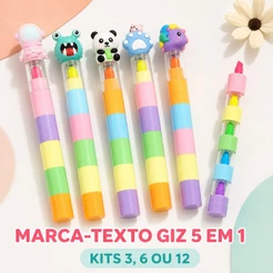 Kit 3/6/12 Marca-Texto Giz 5 Cores Empilhável com Tampa 3D Fofa Material Escolar