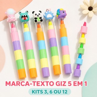 Kit 3/6/12 Marca-Texto Giz 5 Cores Empilhável com Tampa 3D Fofa Material Escolar