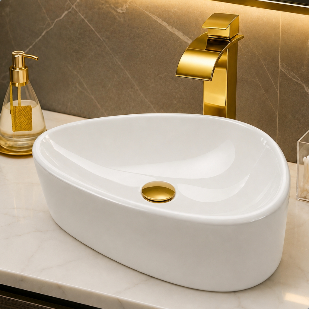 *OFERTA* Cuba Para Banheiro Pia Sobrepor 43cm Embutir Lavabo Orgânica Mármore Sintético Cor Branca — imagem 2 de 2