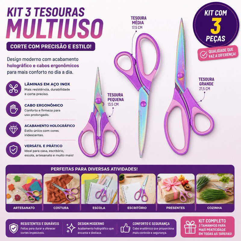 Kit Tesoura De Titânio Profissional 3 Unidades
