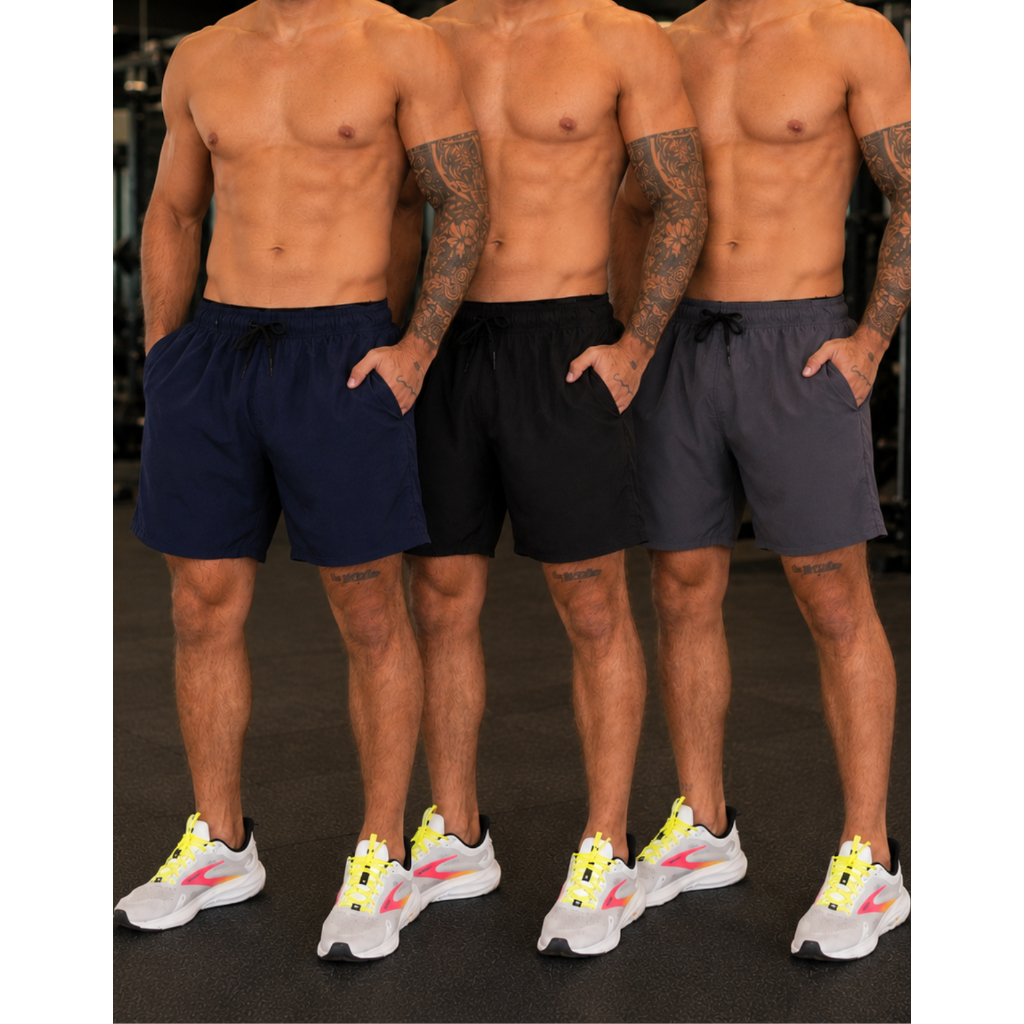 Kit 3 Short Masculino Tactel Elastano Academia Praia Piscina Bermuda Leve Com Bolso Corrida