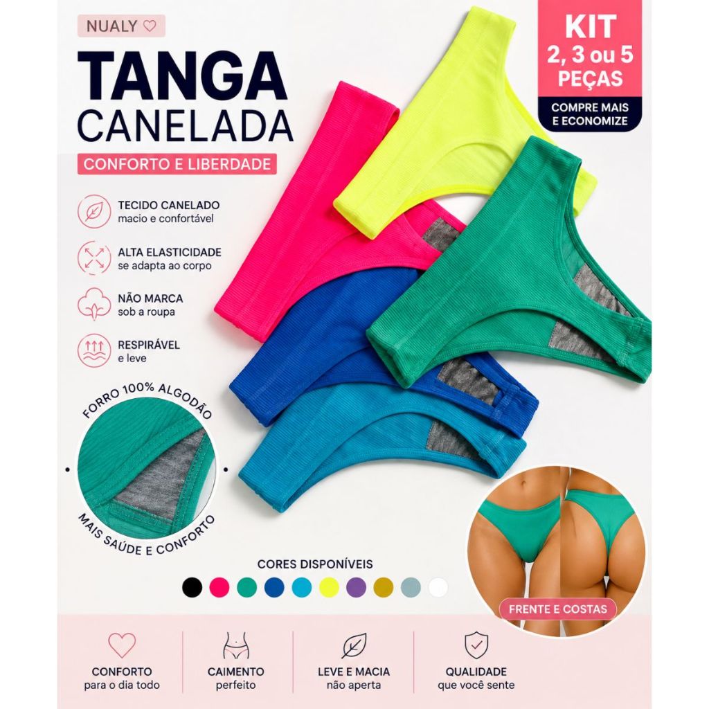 Kit Calcinha Tanga Canelada Cintura Alta Pala Dupla Reforçada Fio Dental Importada Modela Não Marca