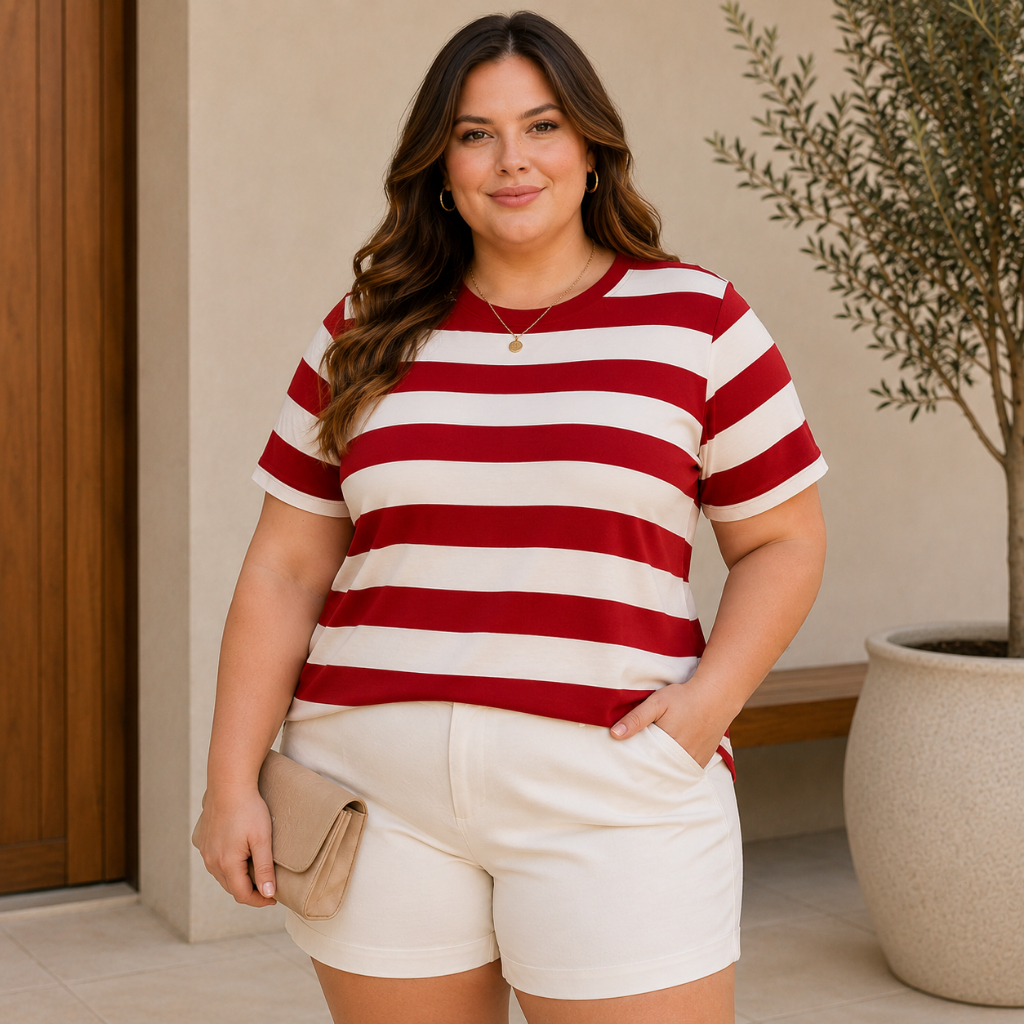 T-Shirt Feminina Plus Size Listrada Casual Manga Curta Gola Redonda Viscolycra Confortável Blusa Básica Moda Dia a Dia