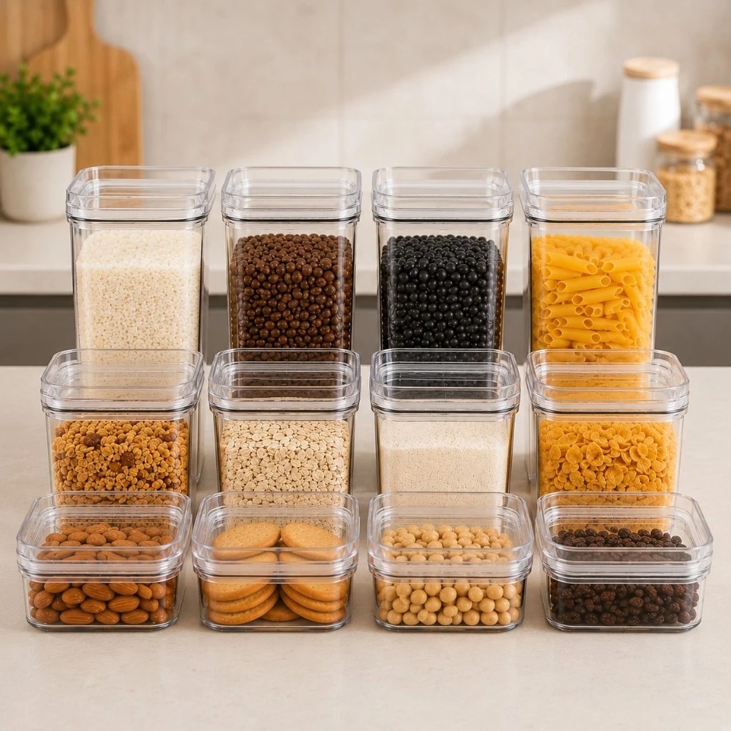 Kit 12/6 Potes Herméticos Quadrados Empilháveis Organizador Cozinha Mantimentos Transparente